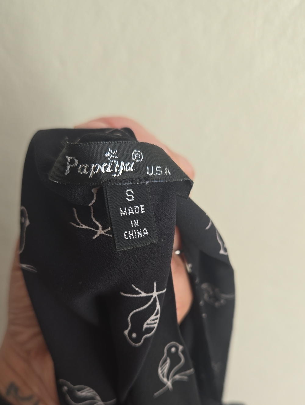 Papaya Black Top with White Bird Motif